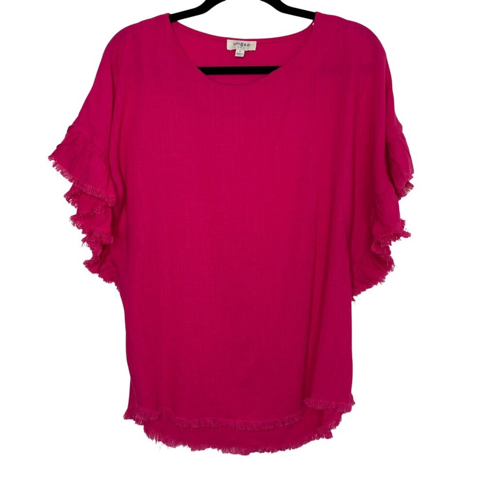 Umgee Hot Pink Linen Blend Ruffle Sleeve Top Womens‎ S Boho Chic Lightweight